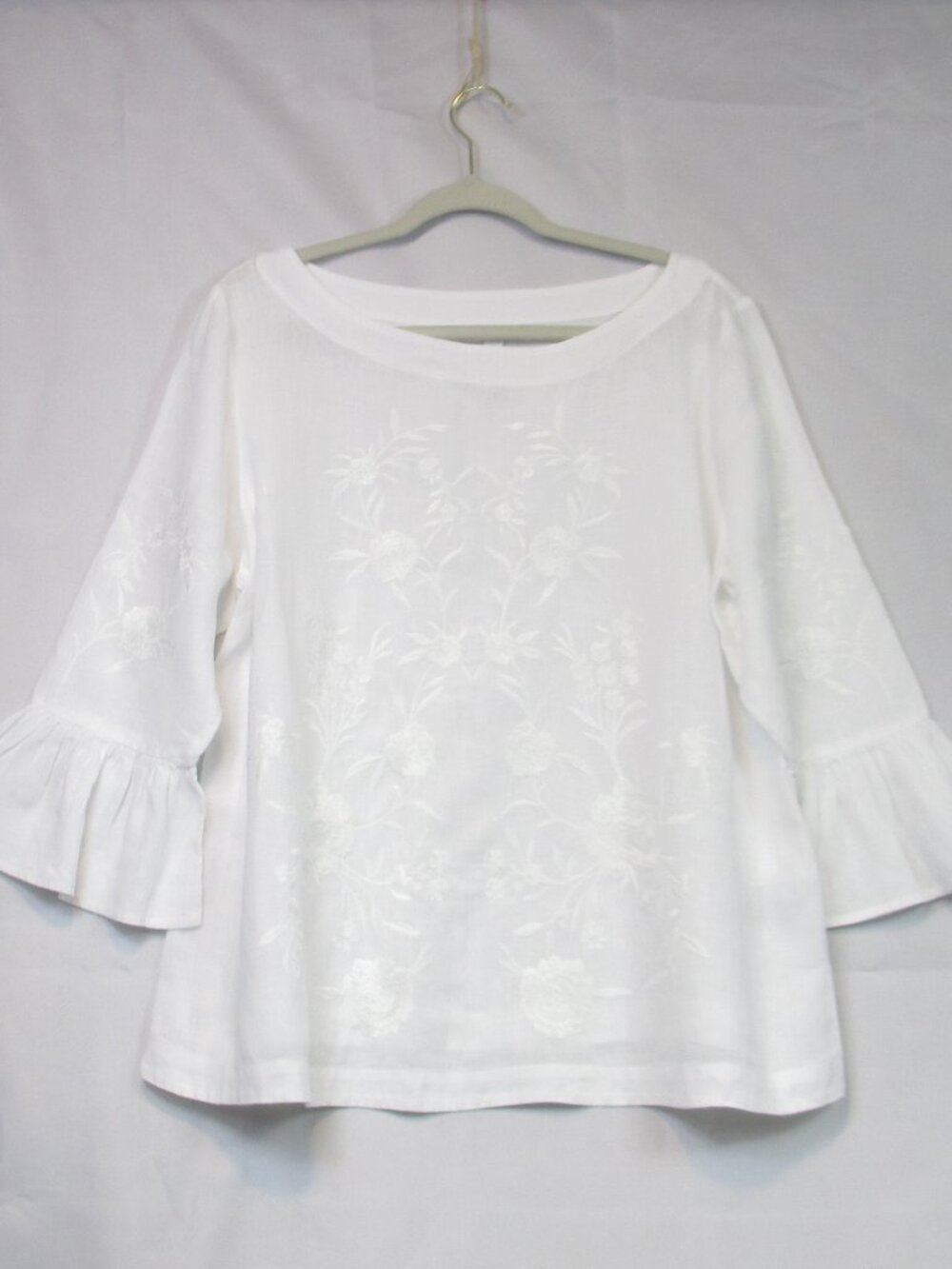 Charter Club Women's L Top White 100% Linen Embroidered Ruffle Bell Sleeve Boho